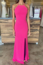 Sheath Halter Hot Pink Long Prom Dress with Silt