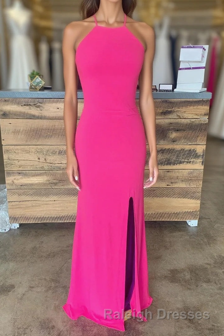 Sheath Halter Hot Pink Long Prom Dress with Silt