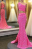 Hot Pink One Shoulder Sequins Prom Dress with Slit