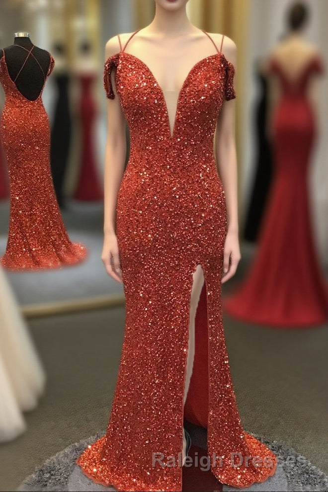 Orange Sparkly Spaghetti Straps Sequins Long Prom Dress with Slit Main image