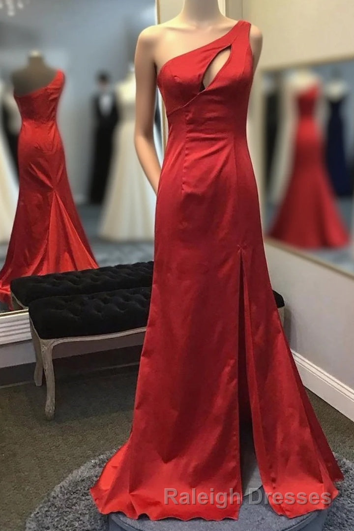 Mermaid One Shoulder Red Long Prom Dress with Keyhole