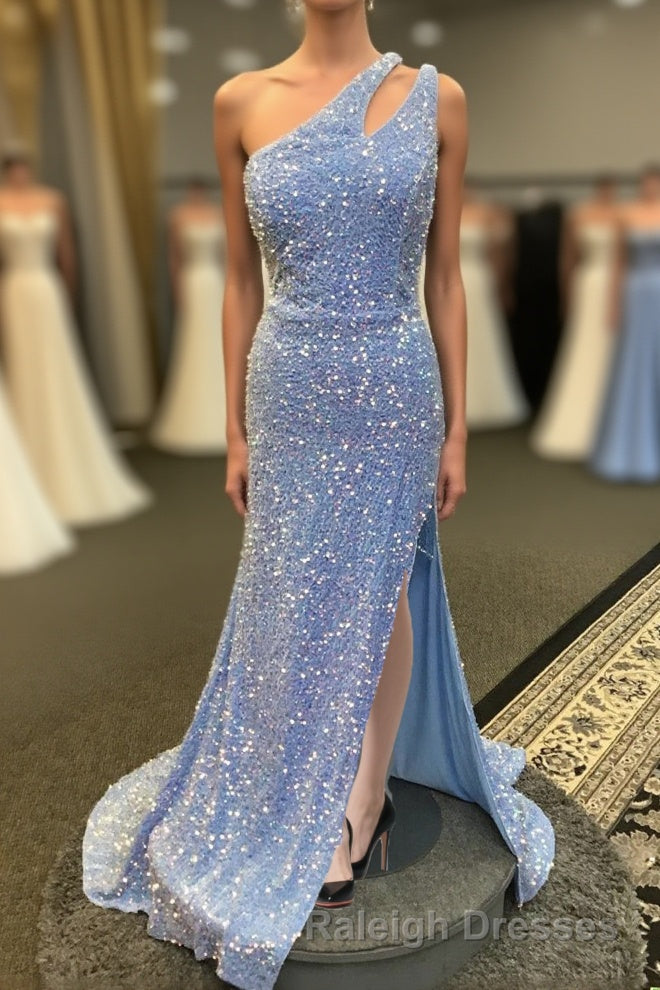 Light Blue One Shoulder Cut-Out Mermaid Long Prom Dress with Fringes Main image