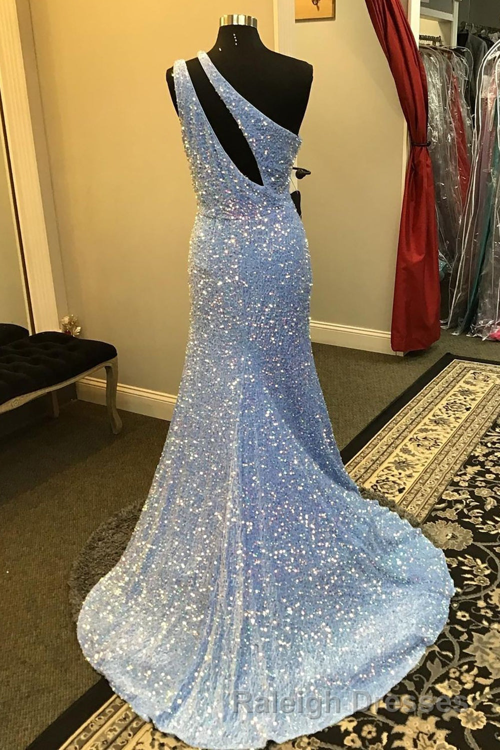 Light Blue One Shoulder Cut-Out Mermaid Long Prom Dress with Fringes Secondary image