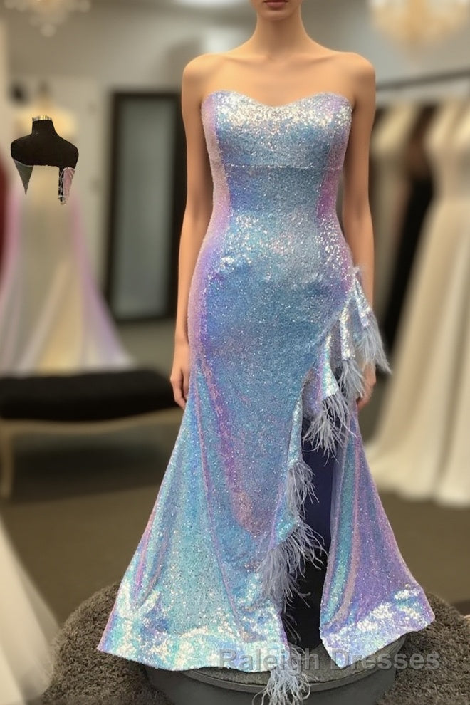 Plus Size Light Blue Sweetheart Mermaid Sequins Long Prom Dress with Feathers Main image