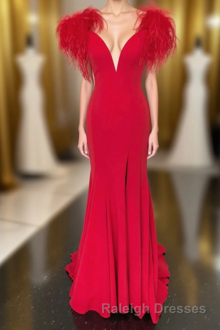 Red Mermaid Prom Dresses Long with Feathers