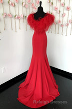 Red Mermaid Prom Dresses Long with Feathers