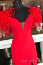 Red Mermaid Prom Dresses Long with Feathers