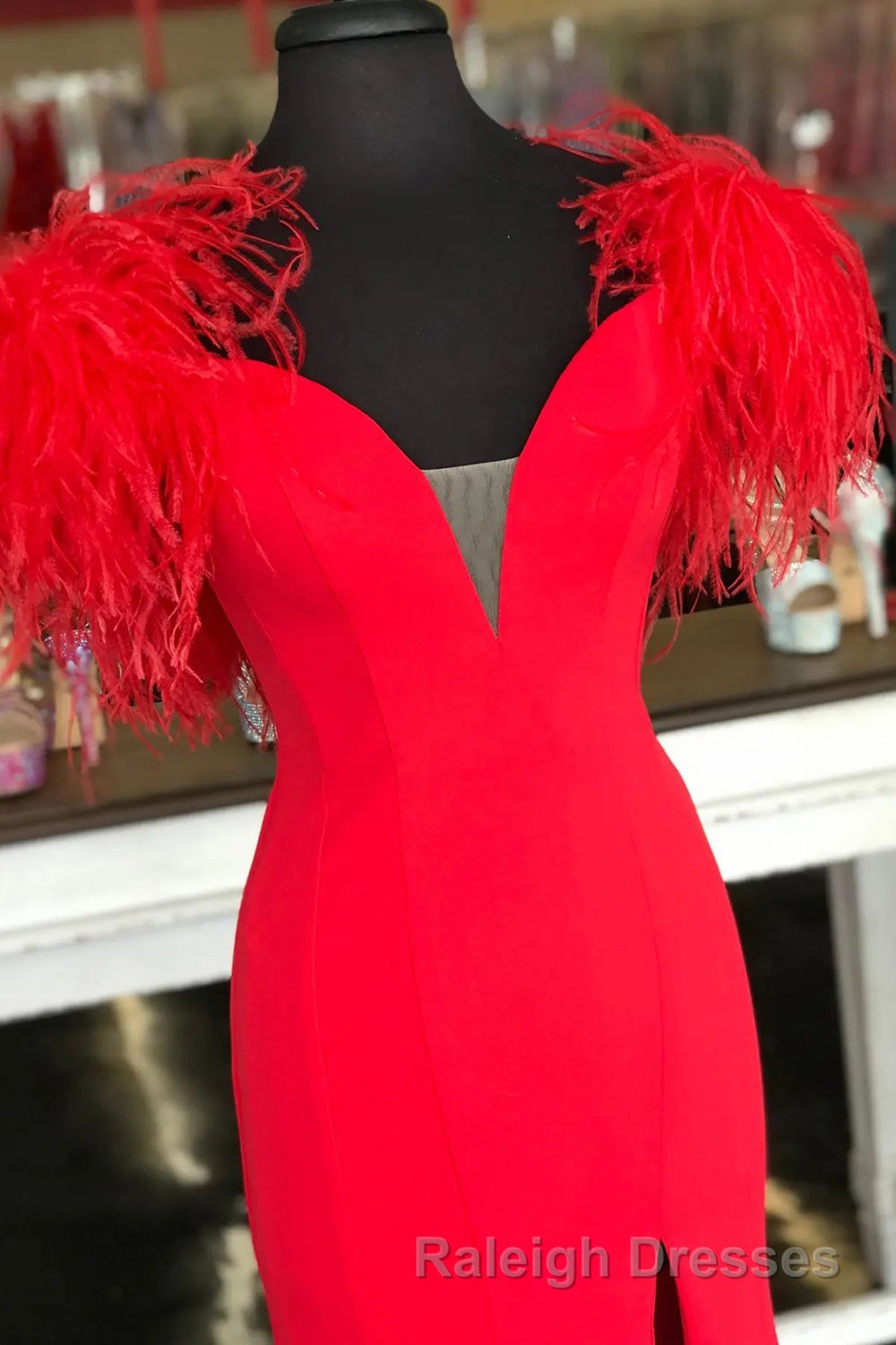 Red Mermaid Prom Dresses Long with Feathers