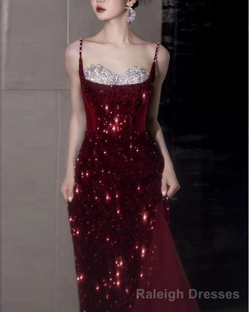 Spaghetti Strap Two Tone Sequin Slit Panel Mesh A Line Prom Gowns
