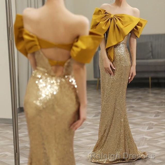 Off-Shoulder Sequin Bow Accent Open Back Mermaid Prom Gowns
