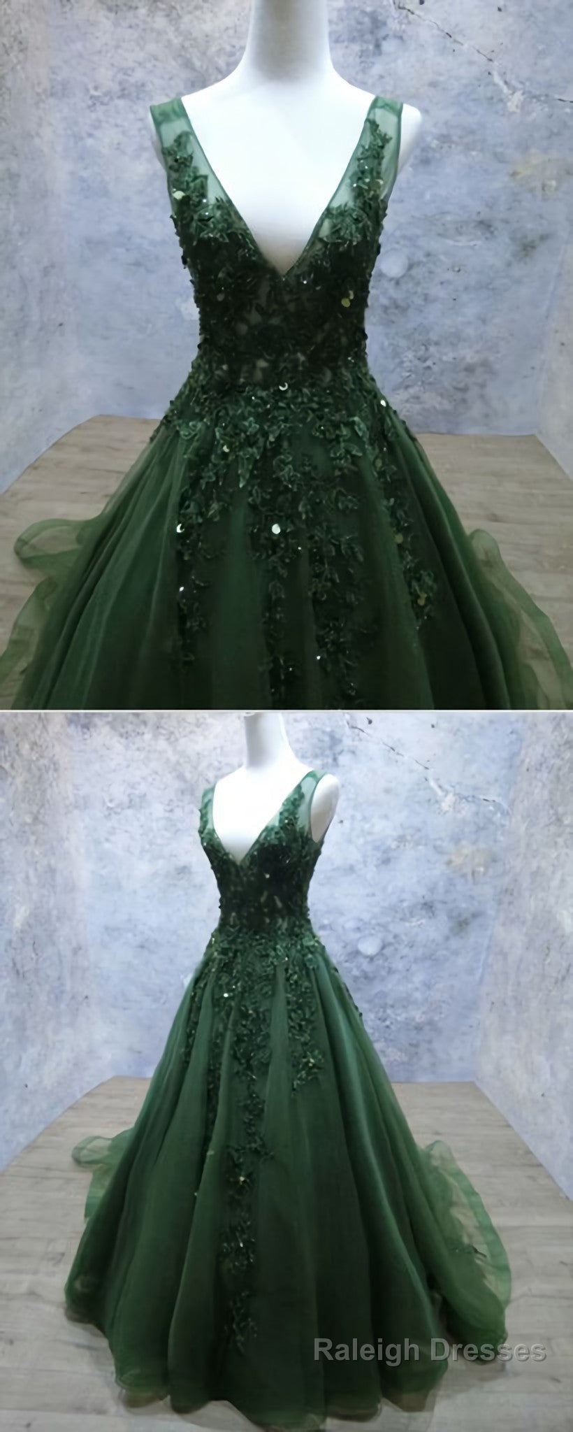Dark Green Tulle Long Lace Appliques V Neck Prom Dress Main image