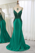 Dark Green Spaghetti Straps Mermaid Satin Prom Dress With Appliques