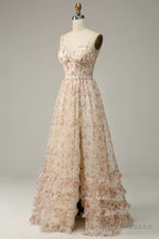 A Line Spaghetti Straps Floor Length Print Prom Dress With Split