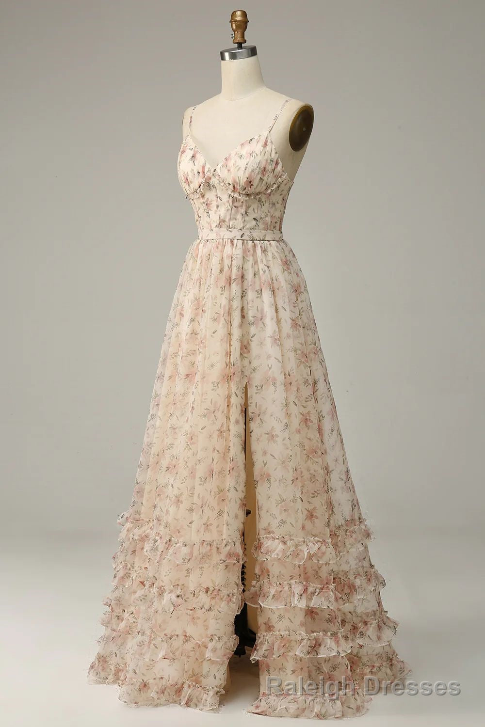 A Line Spaghetti Straps Floor Length Print Prom Dress With Split