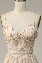 A-Line Spaghetti Straps Floor Length Print Prom Dress With Split