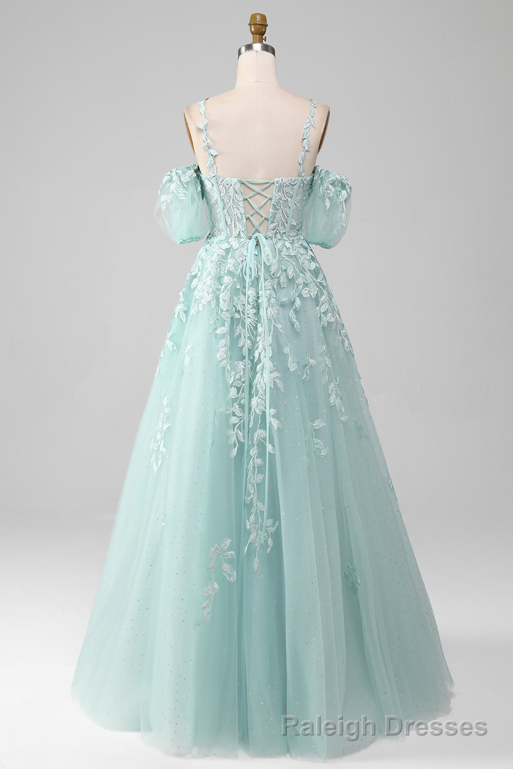 Mint A Line Tulle Off the Shoulder Lace Up Long Prom Dress With Appliques Main image