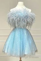 Black A Line Strapless Homecoming Dresses with Feathers