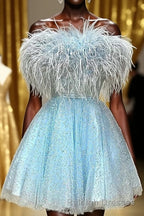 Light Blue A Line Strapless Homecoming Dresses with Feathers