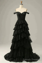 Sparkly Black Off The Shoulder Long Tiered Corset Prom Dress With Sequin