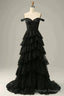 Sparkly Black Off The Shoulder Long Tiered Corset Prom Dress With Sequin