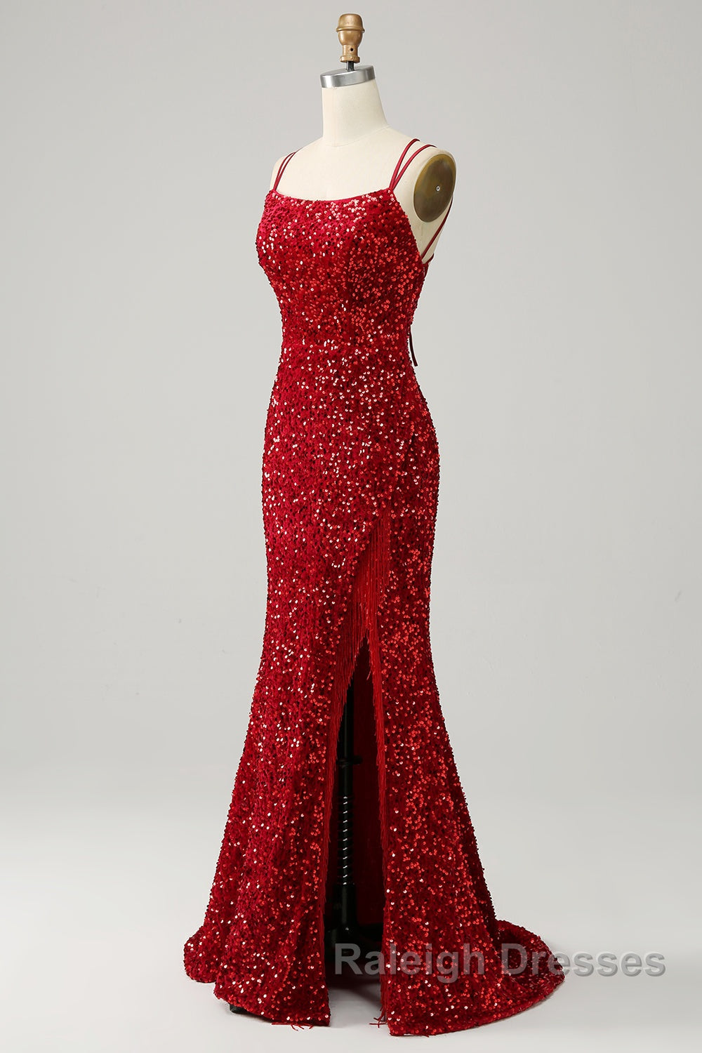 Red Sparkly Mermaid Backless Prom Dresses Long with Fringes