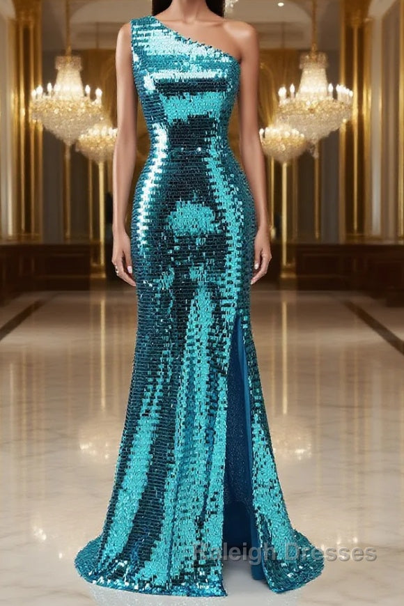 Sparkly Blue Sequins One Shoulder Long Prom Dress with Slit Main image