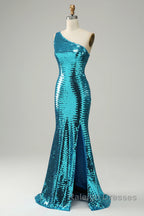 Sparkly Blue Sequins One Shoulder Prom Dresses Long with Slit