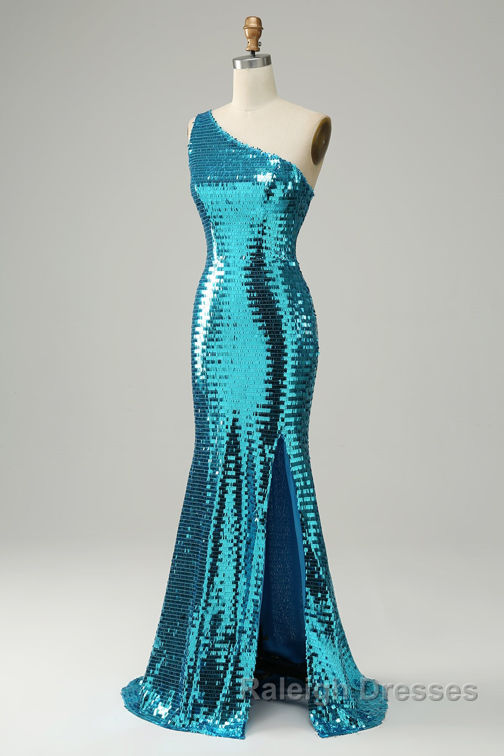 Sparkly Blue Sequins One Shoulder Prom Dresses Long with Slit