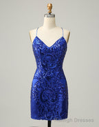 Royal Blue V-Neck Corset Back Homecoming Dress With Sequin