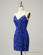 Royal Blue V-Neck Corset Back Homecoming Dress With Sequin