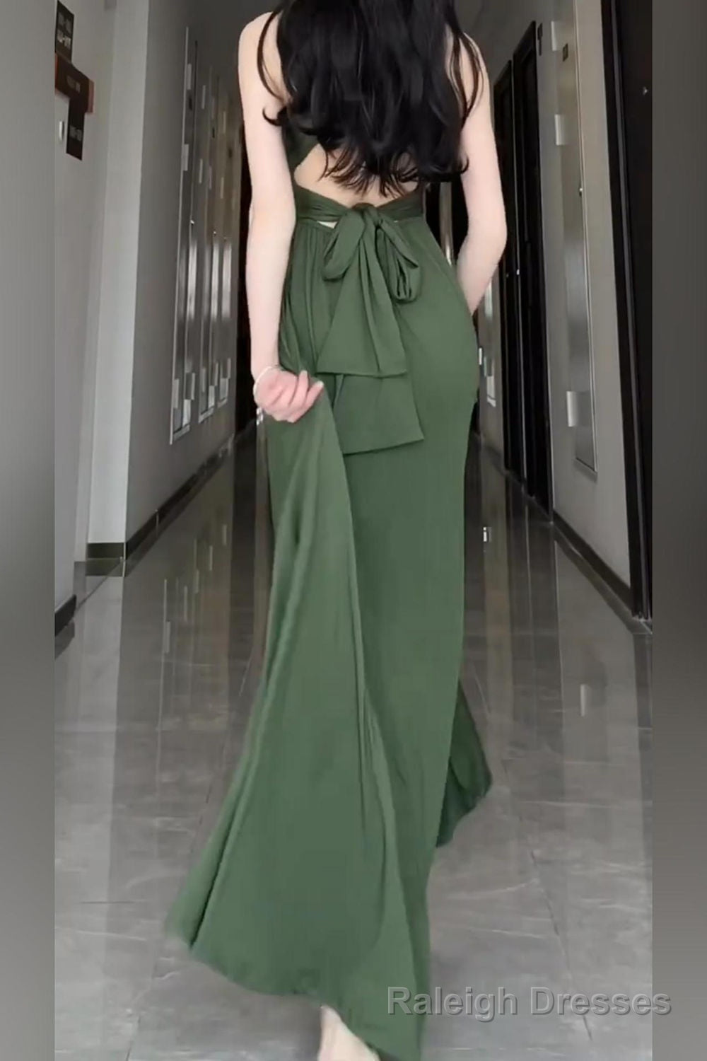 V Neck Halter Neck Green Dress