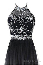 Classy Black And White Halter Lace Up Long Beaded Prom Dress