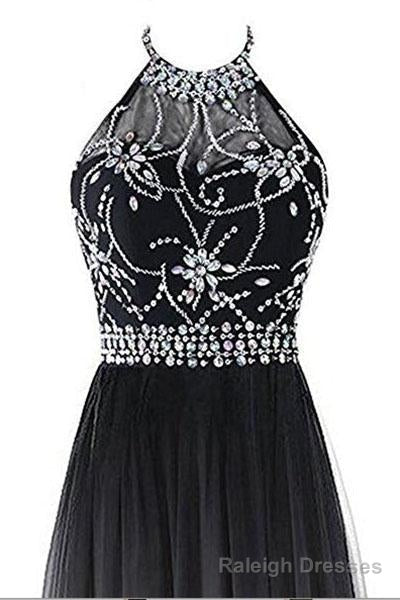 Classy Black And White Halter Lace Up Long Beaded Prom Dress
