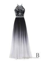 Classy Black And White Halter Lace Up Long Beaded Prom Dress