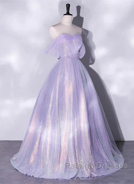 A Charming Sequin Lavender A-Line Sheer Strapless Dance Dress, Lavender Princess Off The Shoulder Sleeveless Sheer Evening Dress