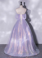 A Charming Sequin Lavender A-Line Sheer Strapless Dance Dress, Lavender Princess Off The Shoulder Sleeveless Sheer Evening Dress