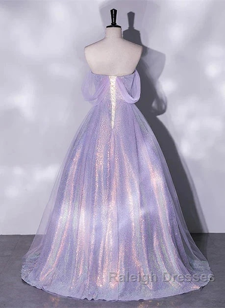A Charming Sequin Lavender A-Line Sheer Strapless Dance Dress, Lavender Princess Off The Shoulder Sleeveless Sheer Evening Dress
