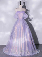 A Charming Sequin Lavender A-Line Sheer Strapless Dance Dress, Lavender Princess Off The Shoulder Sleeveless Sheer Evening Dress