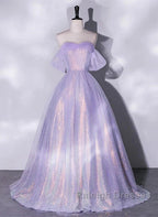 A Charming Sequin Lavender A-Line Sheer Strapless Dance Dresses Lavender Princess Off The Shoulder Sleeveless Sheer Prom Dresses