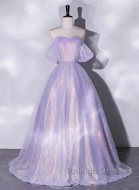 A Charming Sequin Lavender A-Line Sheer Strapless Dance Dresses Lavender Princess Off The Shoulder Sleeveless Sheer Prom Dresses