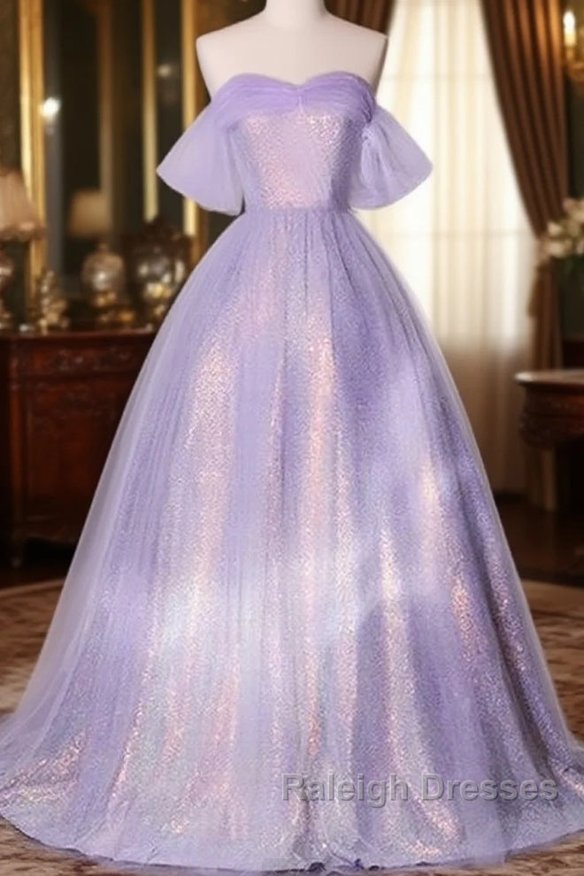 A Charming Sequin Lavender A-Line Sheer Strapless Dance Dress, Lavender Princess Off The Shoulder Sleeveless Sheer Evening Dress Main image