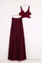 A Line 2 Pieces Floor Length Burgundy Chiffon Prom Dress, 2 Pieces Burgundy Formal Dresses, Bridesmaid Dresses