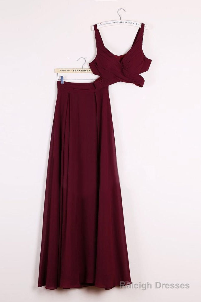 A Line 2 Pieces Floor Length Burgundy Chiffon Prom Dress, 2 Pieces Burgundy Formal Dresses, Bridesmaid Dresses