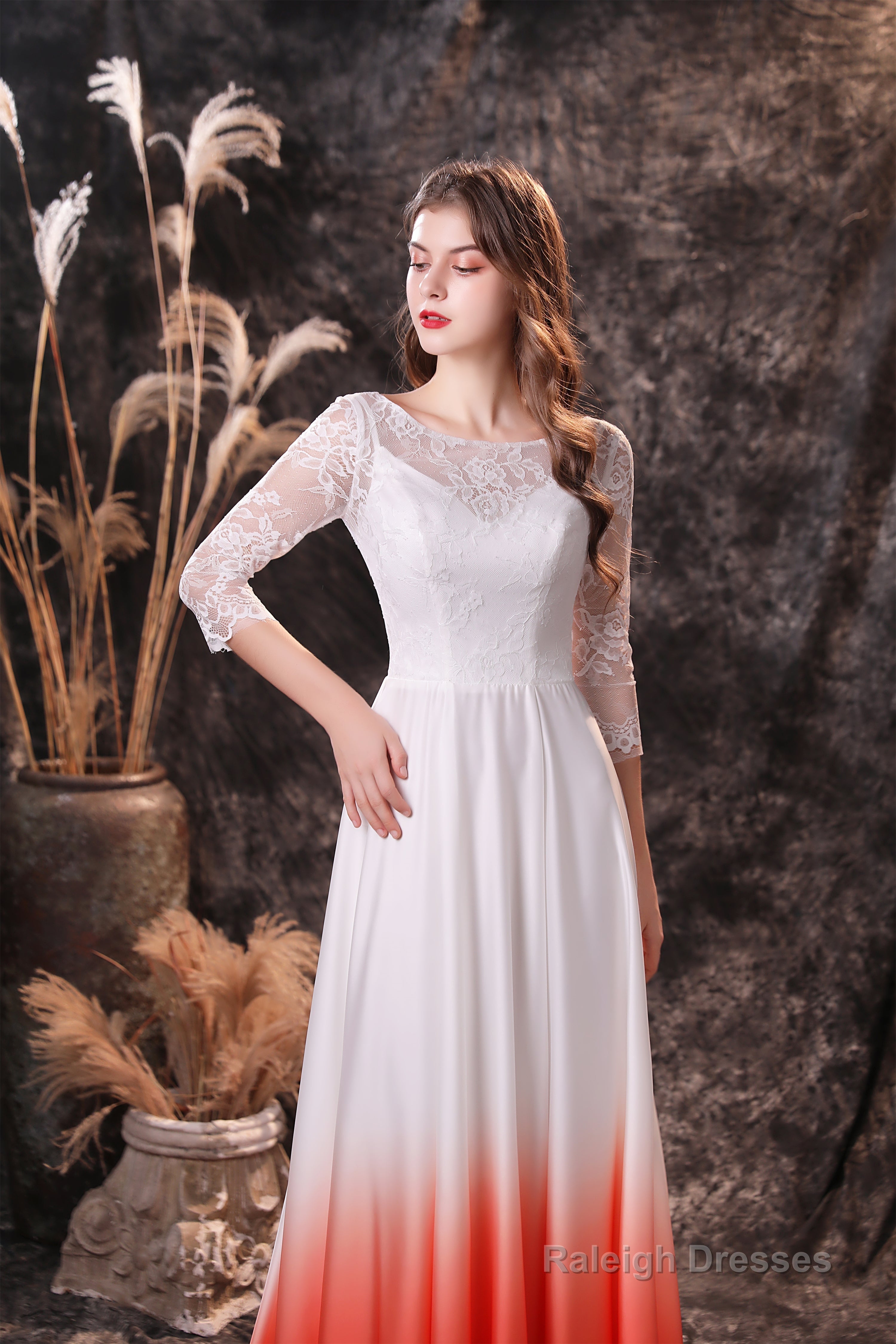A Line 3/4 Sleeve Ombre Silk Like Satin Sweep Train Prom Dresses Secondary image