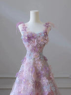 A-Line 3D Floral Lace Skirt Tulle Bodice Floor-Length Prom Dress