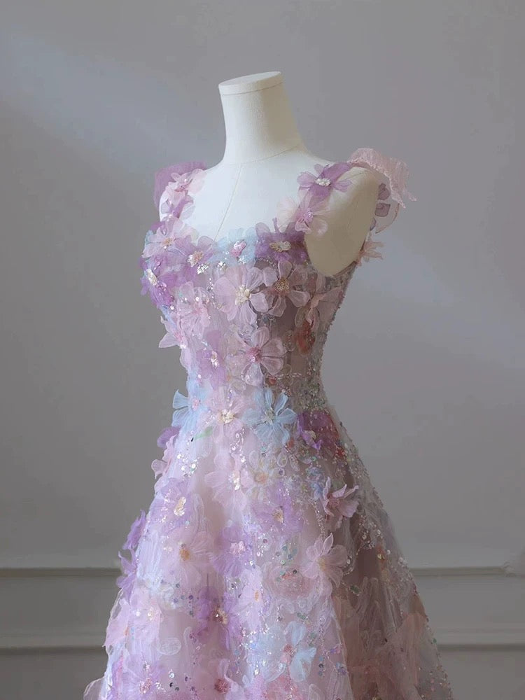 A-Line 3D Floral Lace Skirt Tulle Bodice Floor-Length Prom Dress