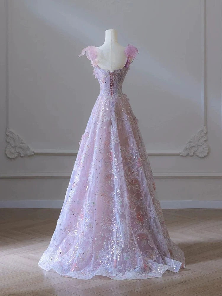A-Line 3D Floral Lace Skirt Tulle Bodice Floor-Length Prom Dress