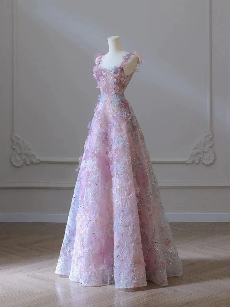 A-Line 3D Floral Lace Skirt Tulle Bodice Floor-Length Prom Dress