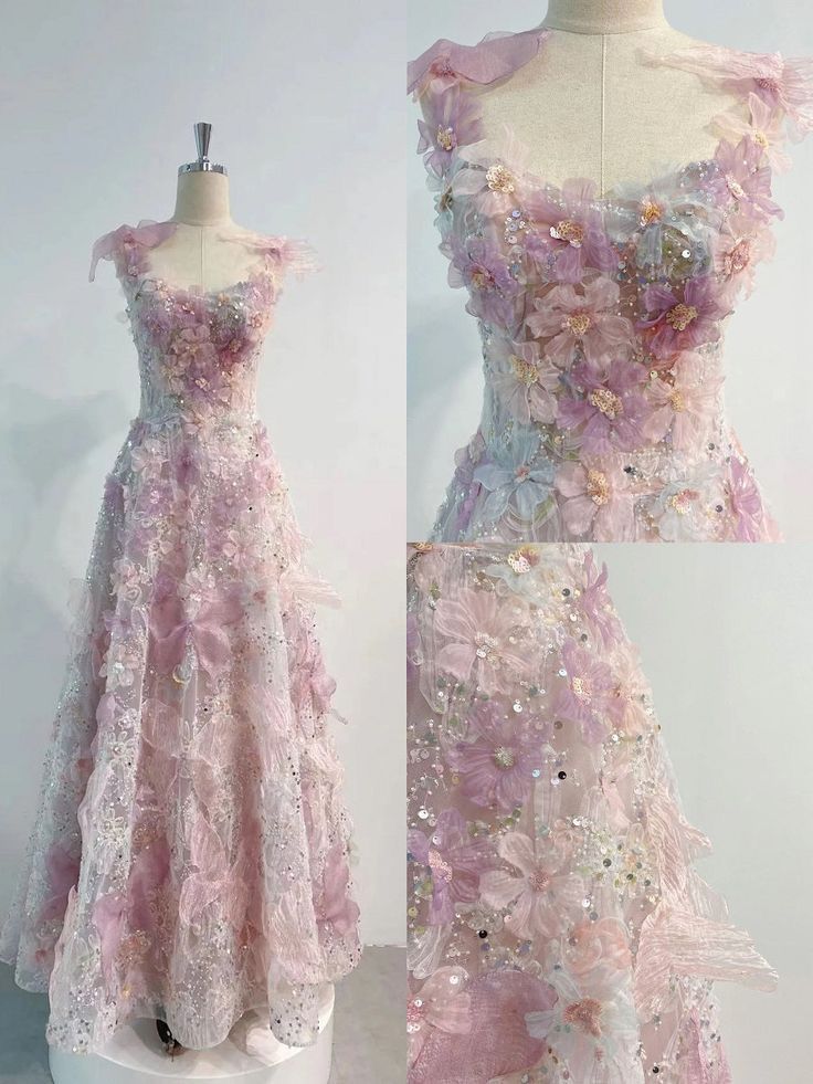 A-Line 3D Floral Lace Skirt Tulle Bodice Floor-Length Prom Dress