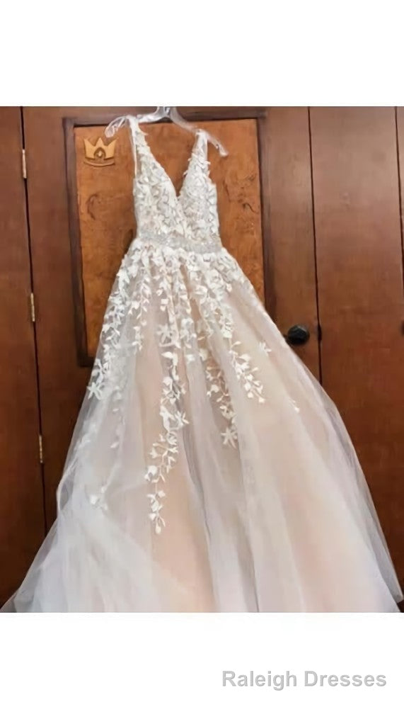 A Line Applique Tulle Prom Dress, Long V Neck Sleeveless Party Dress with Beading Main image